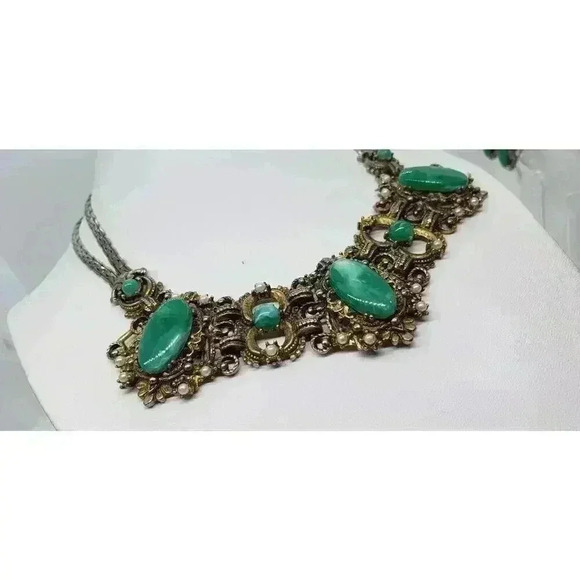 VTG Selro Selini unsigned Emerald Green Cabochon Necklace & Earrings Catalog Pc - Picture 5 of 16